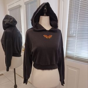 Garage Black Embroidered Monarch Butterfly Cropped Hoodie without Drawstrings